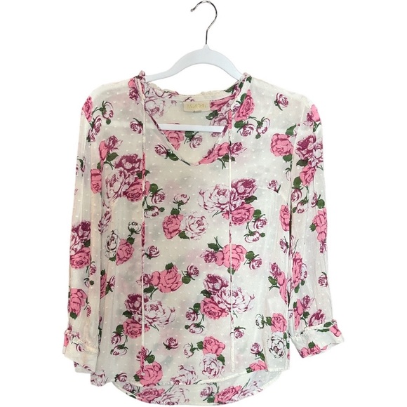 ModCloth Pink White Rose Floral Swiss Dot Rayon Keyhole Neck Tie Blouse Top XS - Picture 3 of 11